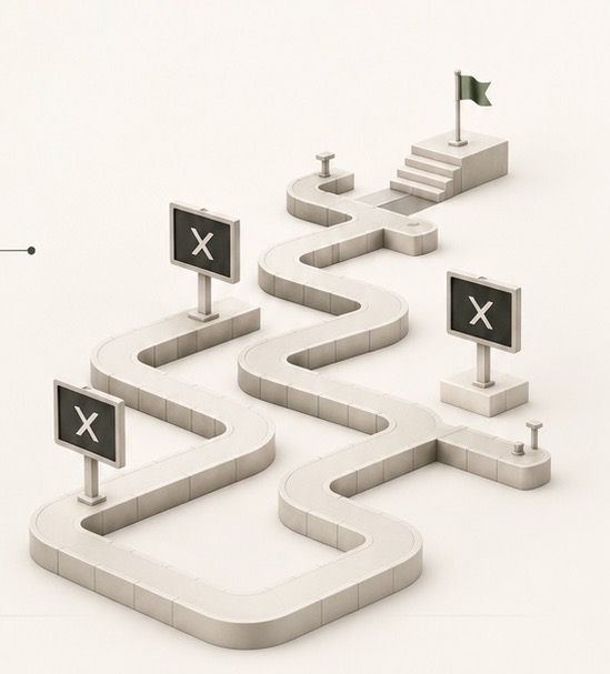 Isometric illustration of a winding road with routes closed off and a flag at the summit